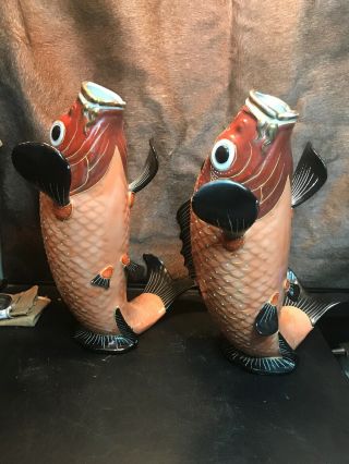Antique Set Of 2 Ceramic Koi Fish Vases.  Hand Painted W/gold Trim.  Made In Japan