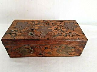 Vintage Wooden Box With Brass Inlay Hinges And Lock