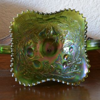 Antique Northwood Fruit And Flowers Green Carnival Glass Bonbon Dish