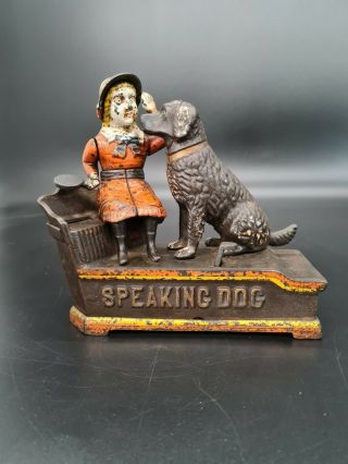 Fantastic Antique 1880s Cast Iron Mechanical Speaking Dog Bank