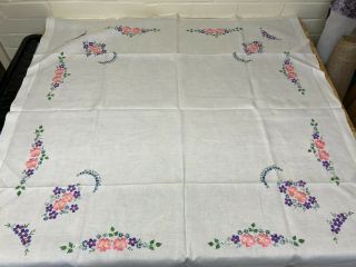 Vintage Large Embroidered Table Cloth,  Wedding,  Spring Flowers 47 X 48 Inches