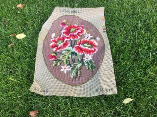 Vintage Tapestry Embroidered Picture Hand Stitch Flowers Floral Bouquet Oval