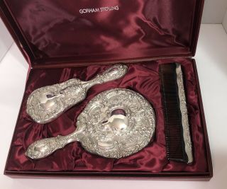 Gorham Sterling Silver Vintage Vanity Set Brush Mirror Comb “buttercup”with Case