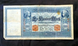 Antique Ein Hundert Mark German 100 Mark Blue Bank Note Berlin 1910
