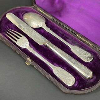 Antique Cased English Victorian Sterling Silver Travel Cutlery Set 1867