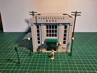 Vintage Plasticville Bank (bk - 1),  Gray Walls,  Green Roof/trim,