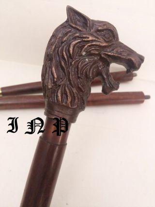 Designer Cane Wolf Face Head Handle Wooden Walking Stick Cane Vintage Style