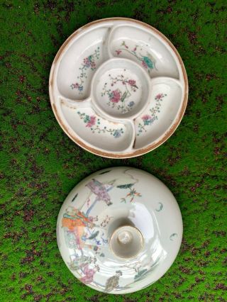Antique Chinese Famille Rose Porcelain Figures Playing Bowl With Lid
