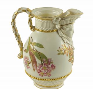 Antique Royal Worcester Face Spouted Ewer Hand Painted 1880s Pitcher 7”l 5”w 9”h