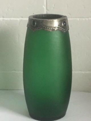 Stunning Antique Art Nouveau Green Glass With Pewter Finished Rim Vase