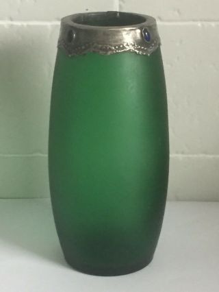 STUNNING ANTIQUE ART NOUVEAU GREEN GLASS WITH PEWTER FINISHED RIM VASE 2