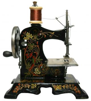 Little Beauty German Antique Hnd Pntd Cast Iron Toy Sewing Machine,  W/flora/bird