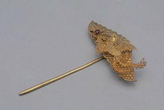 Chinese Antique Gold On Sterling Silver Ruby Hair Pin,  Late Ming Type