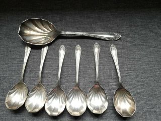 Set 7 Vintage Art Deco Epns Silver Plate Scallop Desert Spoons & Serving Spoon