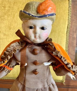 Antique 12” C1840 German Wax Paper Mache Doll W/orig Body With Wooden Appendages