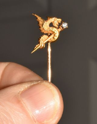 Antique Winged Griffin 14k Yellow Gold And Diamond Stick Pin 1.  5 Grams Victorian