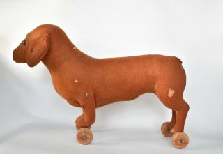 Antique German Steiff Straw Stuffed Felt Dachshund Dog On Wheels Pull Toy