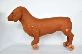 Antique German Steiff Straw Stuffed Felt Dachshund Dog on Wheels Pull Toy 2