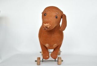 Antique German Steiff Straw Stuffed Felt Dachshund Dog on Wheels Pull Toy 4