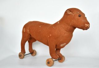 Antique German Steiff Straw Stuffed Felt Dachshund Dog on Wheels Pull Toy 5