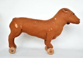 Antique German Steiff Straw Stuffed Felt Dachshund Dog on Wheels Pull Toy 6