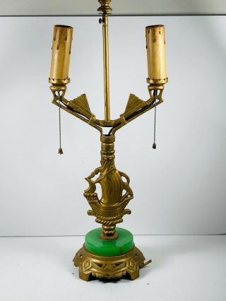 Antique Art Deco Nouveau Table Lamp Green Alabaster Base Gold Paint Repair