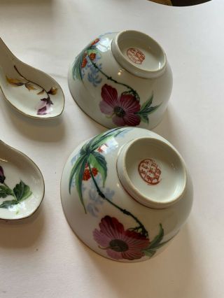 2 Vintage Chinese Hand Painted Soup / Rice Bowls And Spoons