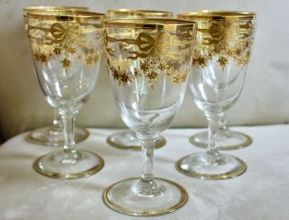 Set Of 6 Antique French Likely St.  Louis Crystal Gold Encrusted Wine Glasses 6 " H
