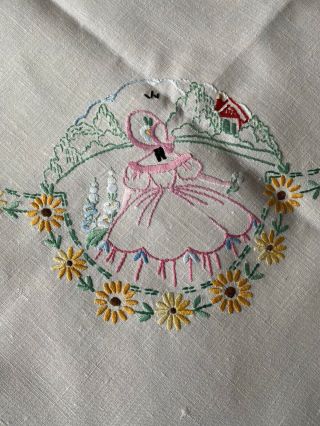 Vintage Crinoline Lady Hand Embroidered Cream Irish Linen Med.  Square Tablecloth