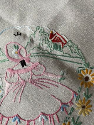 Vintage Crinoline Lady Hand Embroidered Cream Irish Linen Med.  Square Tablecloth 2