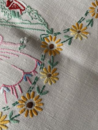 Vintage Crinoline Lady Hand Embroidered Cream Irish Linen Med.  Square Tablecloth 3