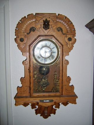 Antique Ansonia Oak Hanging Kitchen Wall Clock 8 - Day,  Time/bell Strike,  Key - Wind
