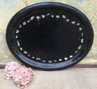 Antique 19th C.  Victorian Large Black & Gilt Paper Mache Tray Mother Pearl Inlay