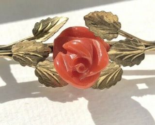 Antique Art Deco 800 Grade Silver Gilt Natural Red Coral Rose Small Brooch 2.  5”