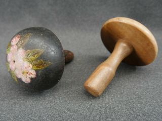 Two Vintage Antique Wooden Darning Mushrooms One Of Them Hand Painted Flowers