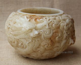 5 " Old White Jade Hand Carved Double Dragon Wash Brush Pot Jar