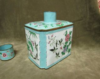 Vintage Made in China Canton Enamel Floral Blue White Tea Caddy Box w/Cover 3