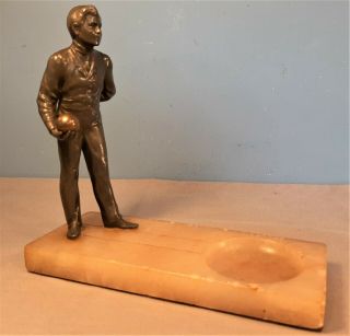 Antique Bronzed Spelter Figure Of A Bowler,  On Marble Base