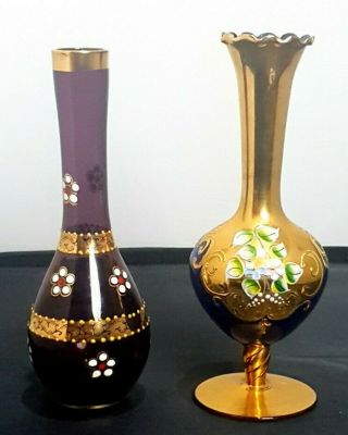 Tre Fuochi 2 Antique Murano Glass Vases 24k Gold Red And Enamel