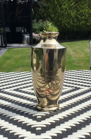 19th C.  Antique Japanese Brass Vase Engraved Design Inset With Silver & Copper