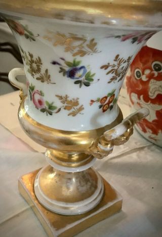 Antique Old Paris Porcelain Urn Vase Floral Rams Head Handles Gold Gilt