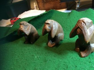 3 X Antique Carved Wood Monkeys Black Forest " Hear,  See,  Speak No Evil "