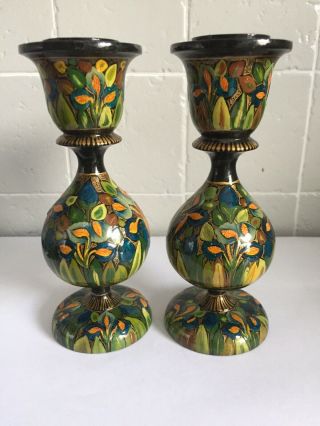 Stunning Vintage Handpainted Russian Carved Wood Candlesticks
