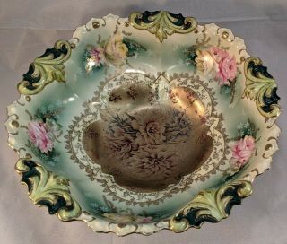 Antique Rs Prussia Bowl Pink & White Roses Mold 14 Extensive Gold Gilt Gorgeous
