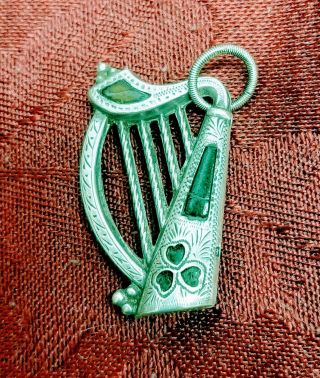 Sterling Silver Antique Hallmarked Irish Harp Fob With Agate Stones
