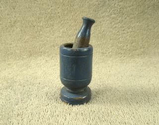 Antique Wonderful Very Small Wooden Mortar & Pestle In Blue Paint