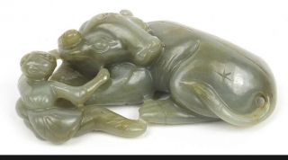 Chinese Green And Russet Jade Carving Of A Boy And Buffalo,  11cm Wide