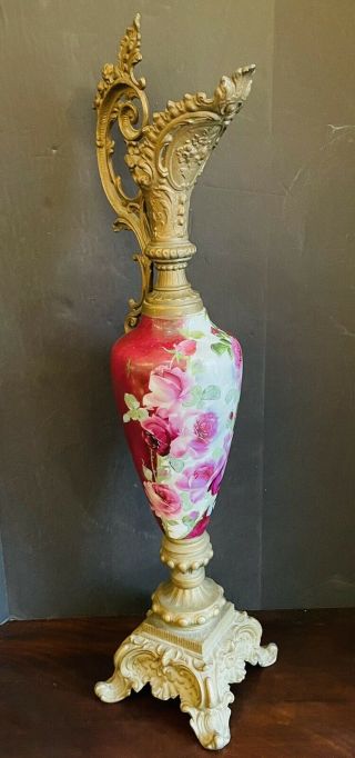Antique Art Nouveau Hand Painted Roses Mantle Ewer Vase Urn Brass Porcelain 26”