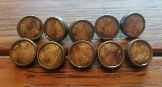10 X Antique Vintage Brass Buttons,  Inlaid With Stone Or Marble Carved Flowers