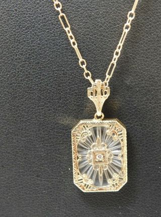 Antique Art Deco 14k Yellow Gold Diamond Camphor Glass Crystal Pendant Necklace